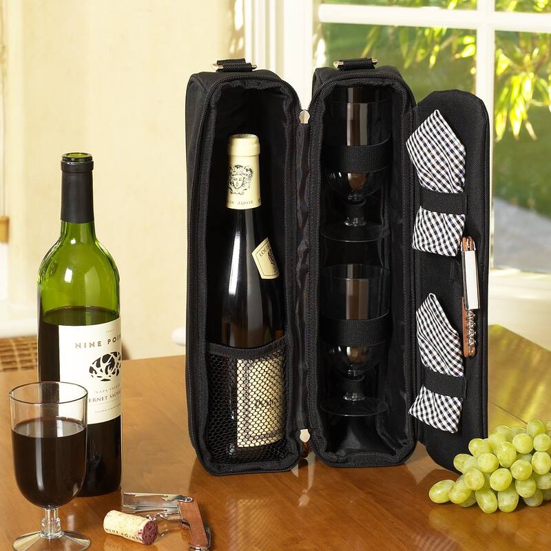 Picnic at Ascot - Insulated Wine Tote with 2 Wine Glasses, Napkins and Corkscrew - Black