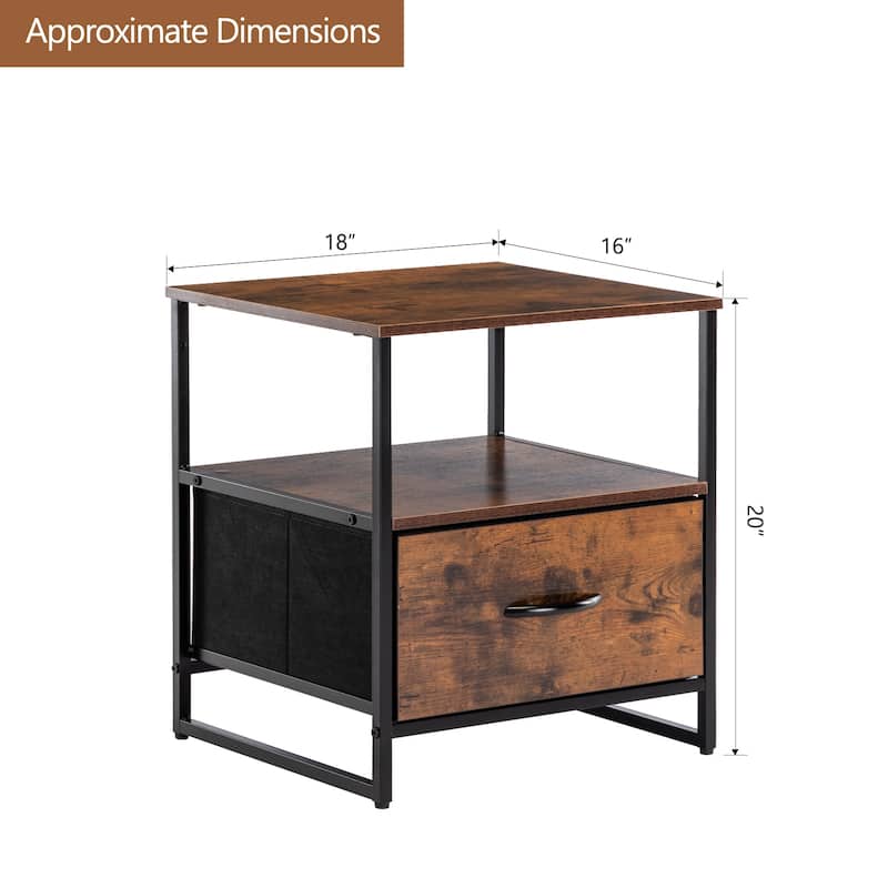 Iron Nightstand Shelf Storage with Fabric Drawer