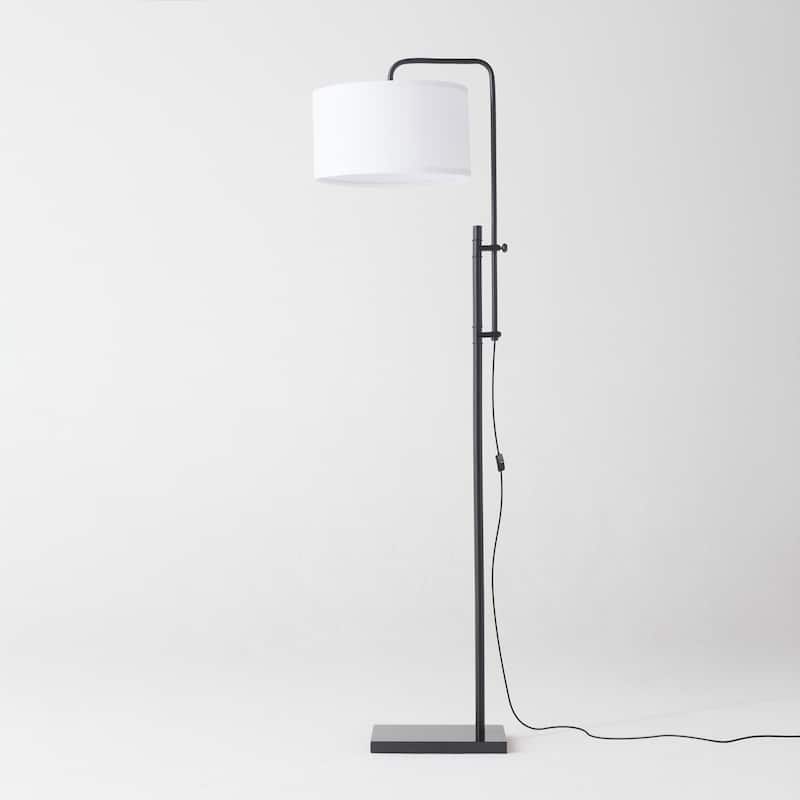 Brightech Leo 72 in. Classic Black Mid-Century Modern Height Adjustable LED Floor Lamp with White Fabric Drum Shade