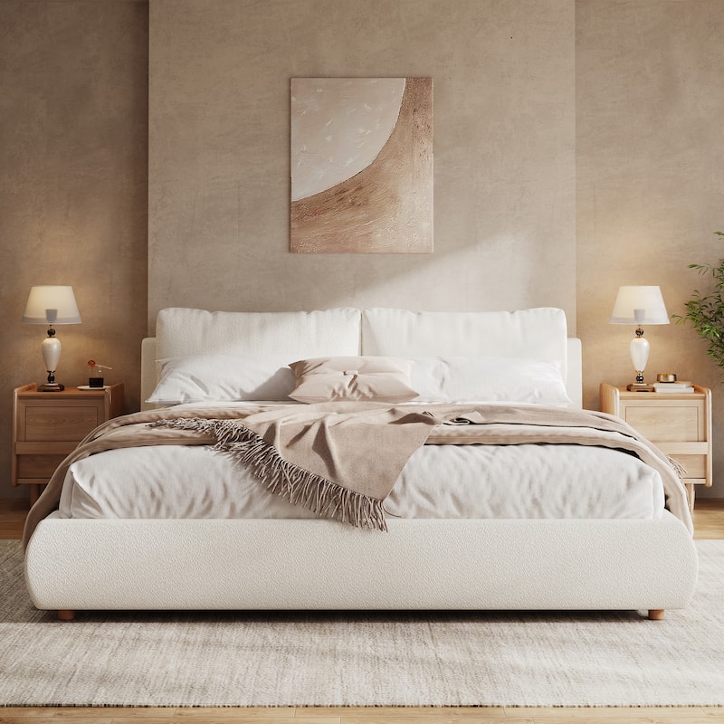 White Low-Profile Platform Bed Boucle Fabric Upholstered Frame with Wood Slat Metal Legs Support, 2 Removable Pillows Headboard