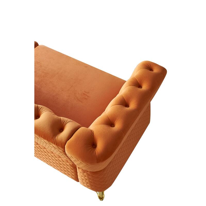 Tufted Velvet Sofa with Golden Metal Frame, Diamond-Stitched Design, and Foam Cushion for Living Room
