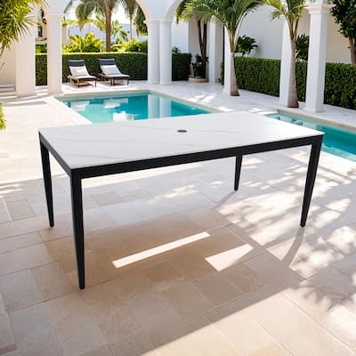 35.5" x 71" Outdoor Aluminum Dining Table with Sintered Stone Top, Tapered Legs – Weatherproof, Seats Six