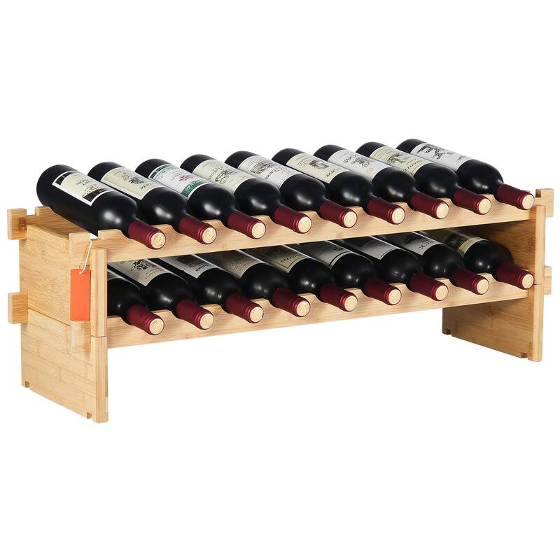 Anmytek Natural Bamboo 2 Tier Stackable Wine Rack Holds 18 Bottles for Kitchen Home Bar Expandable Storage - Wood