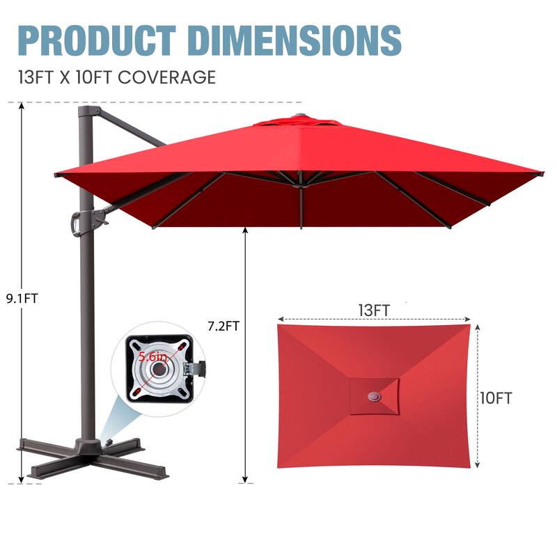 VredHom 10x13FT Patio Cantilever Umbrella Outdoor Offset Umbrella 360-Degree Rotation