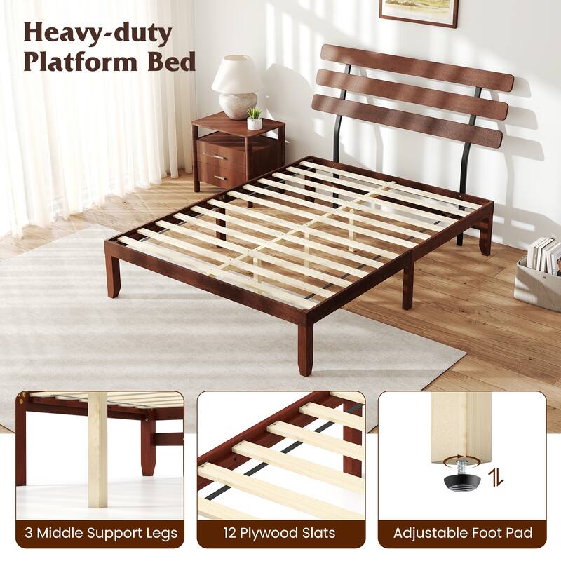 Walnut Solid Rubber Wood Platform Bed with Retro Headboard and Slatted Mattress Base - Multi