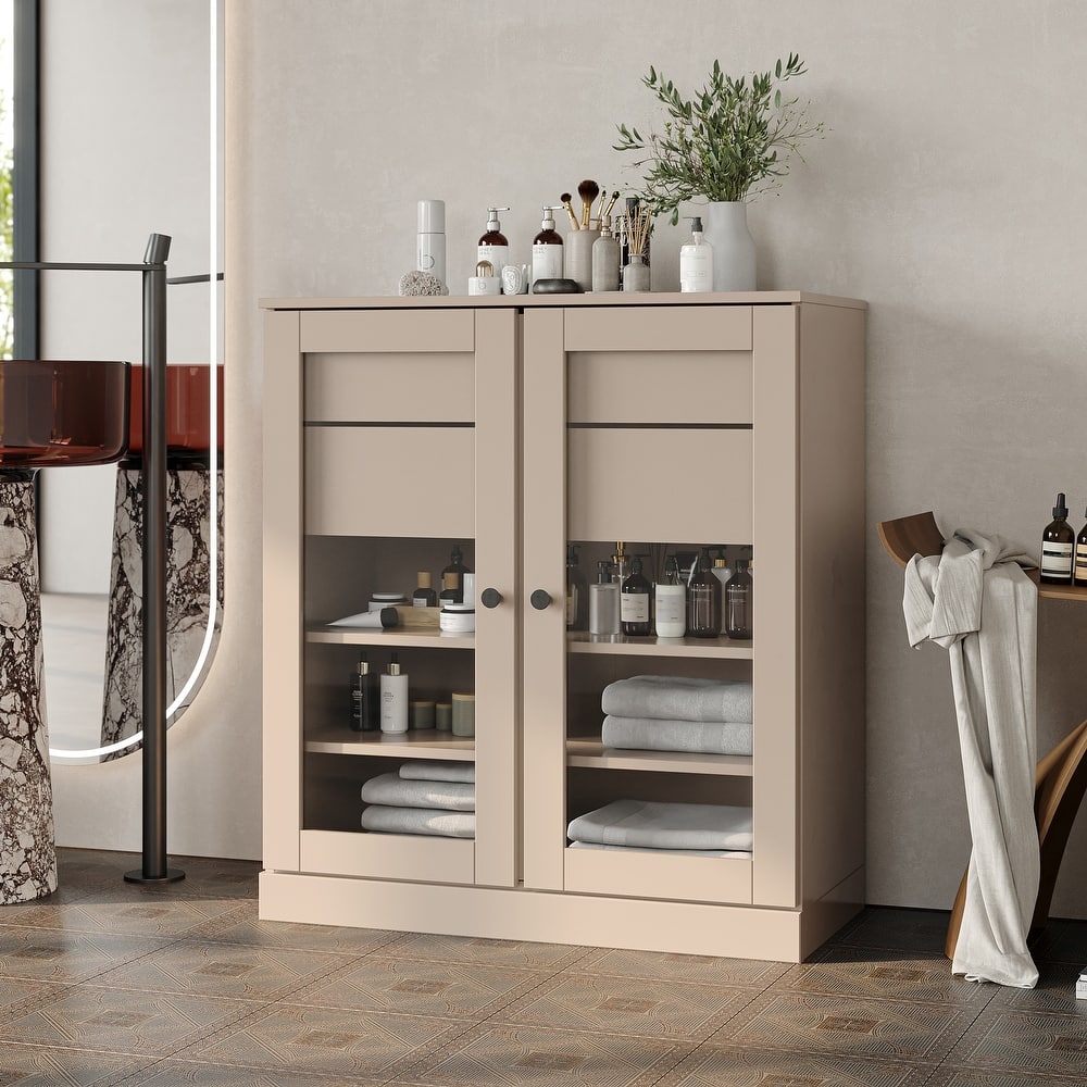 Palace Imports 100% Solid Wood Bathroom Storage Cabinet, Clear Glass Doors, 2 Drawers, Adjustable Shelves, 32" Wide, 35.75" Tall