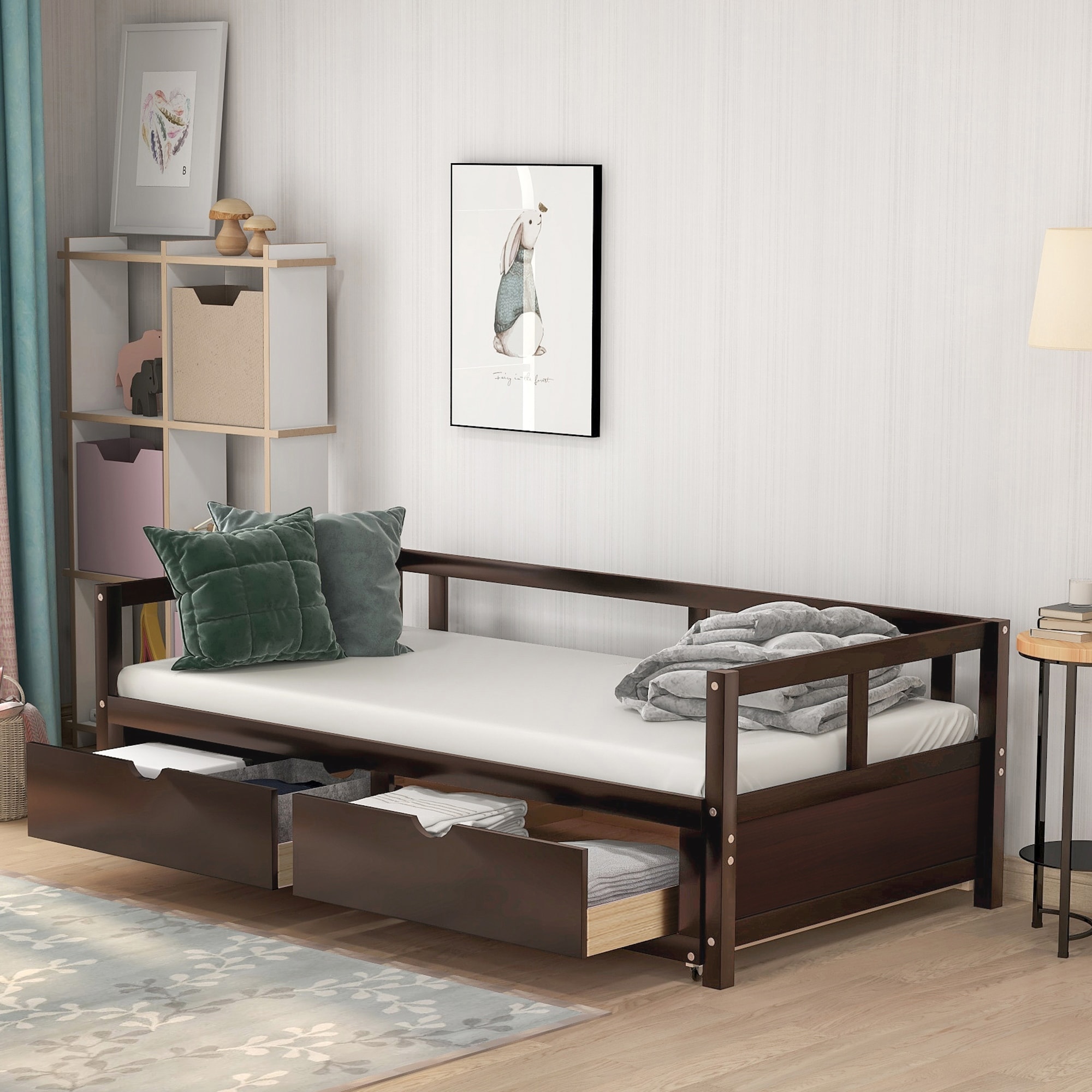 Twin Size Wooden Daybed with Trundle Bed and Two Storage Drawers , Extendable Bed Daybed,Sofa Bed for Bedroom Living Room