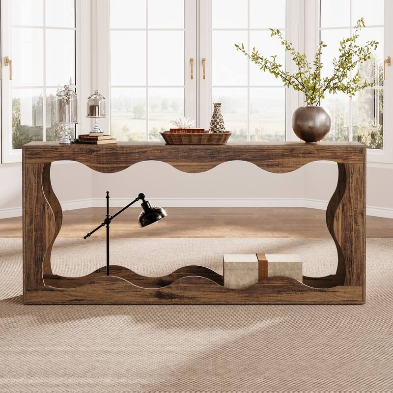 Farmhouse Console Table, 63-inch Scalloped Console Table for Living Room
