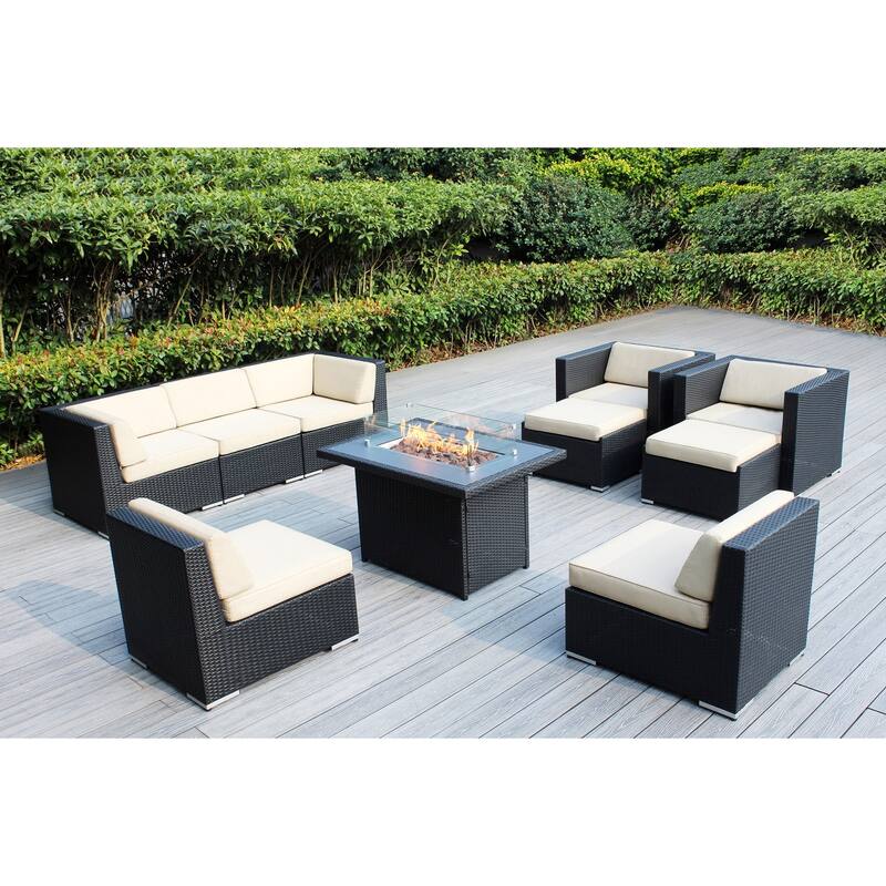 Ohana 10 Piece Black Wicker Patio Sectional Set with Fire Table - Supercrylic Beige