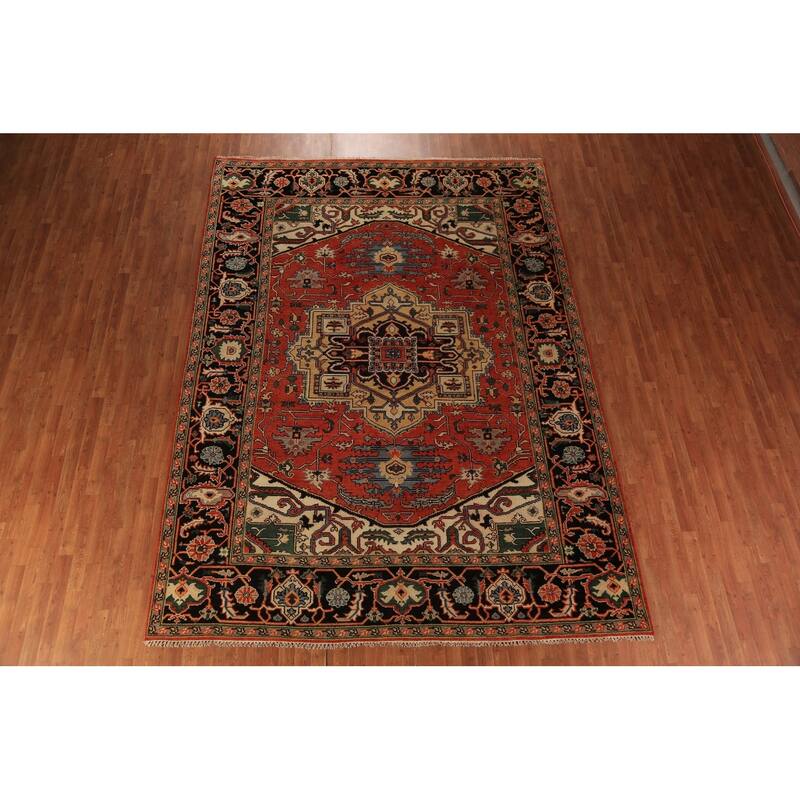 Geometric Heriz Serapi Indian Area Rug Handmade Orange Wool Carpet - 8'9"x 11'10"