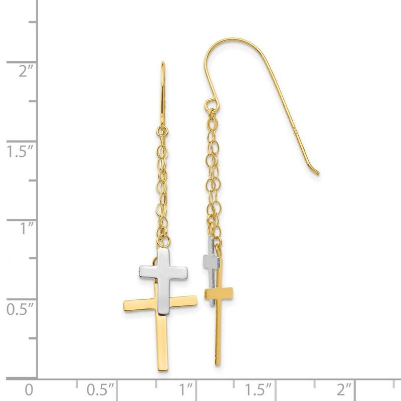 Curata 14k Two-tone Gold 56x12mm Double Cross Chain Dangle Hook Earrings
