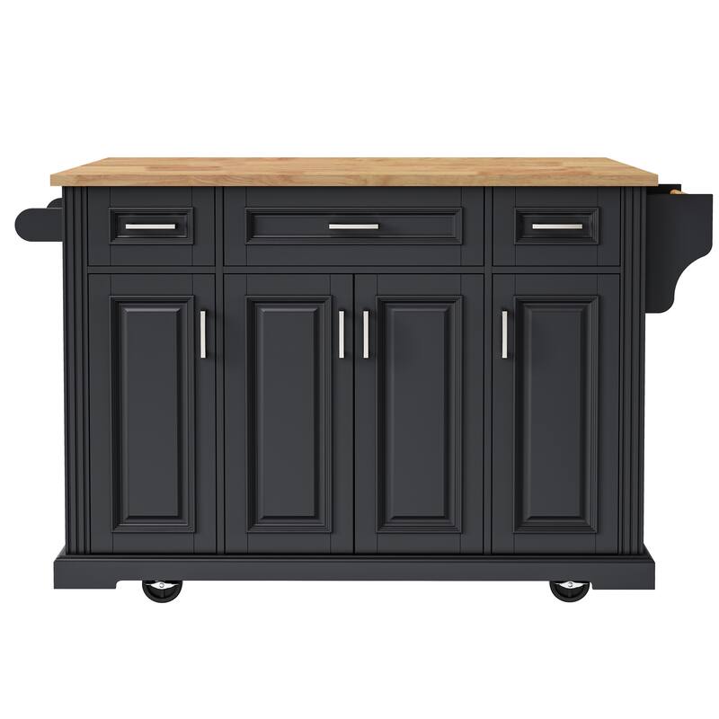 54"Large Kitchen Island with Rubber Wood Drop Leaf,Embossed Texture Rolling Kitchen Cart on 4 Wheels with 4 Doors and 3 Drawers
