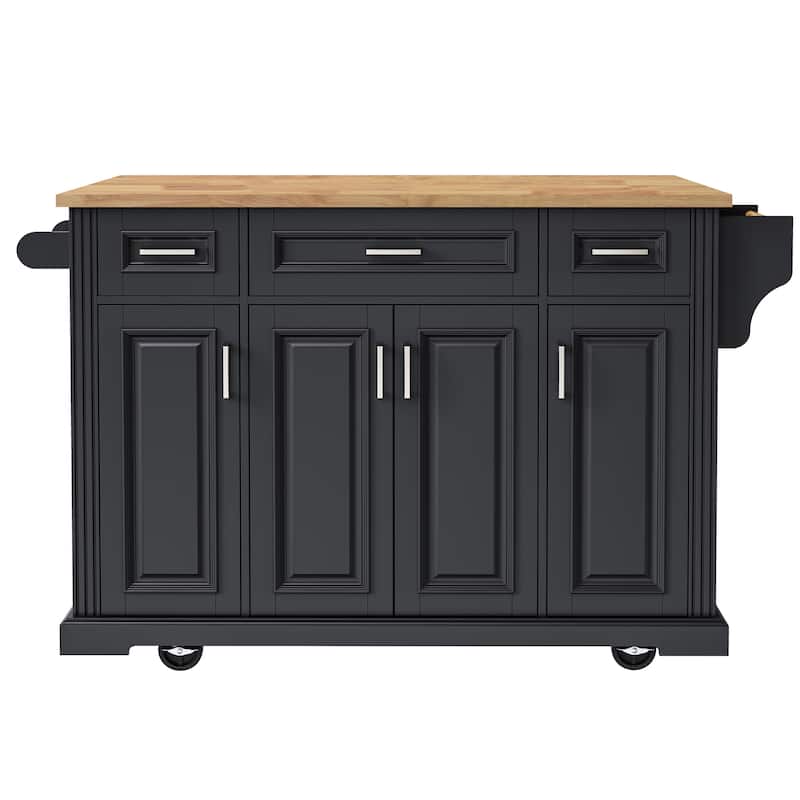 Modern Large Kitchen Island with Rubber Wood Drop Leaf, 3 Drawers Storage Cabinet, Bottom Rollers, Rolling Cart for Dining Room