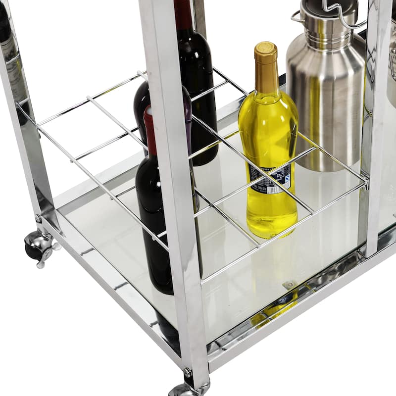 Contemporary Chrome Bar Serving Cart Silver Modern Glass Metal Frame Wine Storage Bed Bath