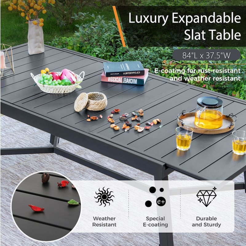 Expandable Metal Patio Dining Table for 6-8, Adjustable Legs, Black Grate Top