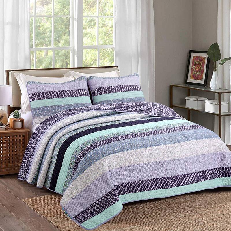 Porch & Den Applegate Aqua/Lilac Striped Cotton 3-piece Reversible Quilt Bedding Set - Aqua/Lilac/Purple - Queen