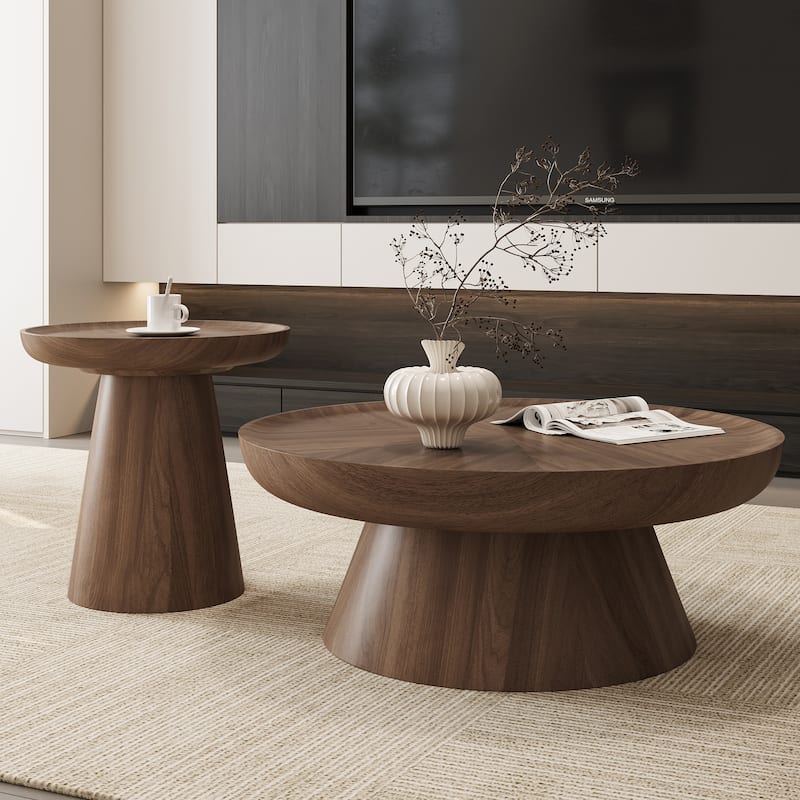 Round Walnut Nesting Coffee Tables 2-Piece Set - Modern Living Room Wooden Accent Tables, Stackable & Separable