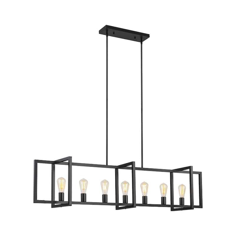 Halliburton 7-Light Oversized 59'' Modern Industrial Linear Kitchen Island Pendant Lantern Cage Farmhouse Chandelier - Gold