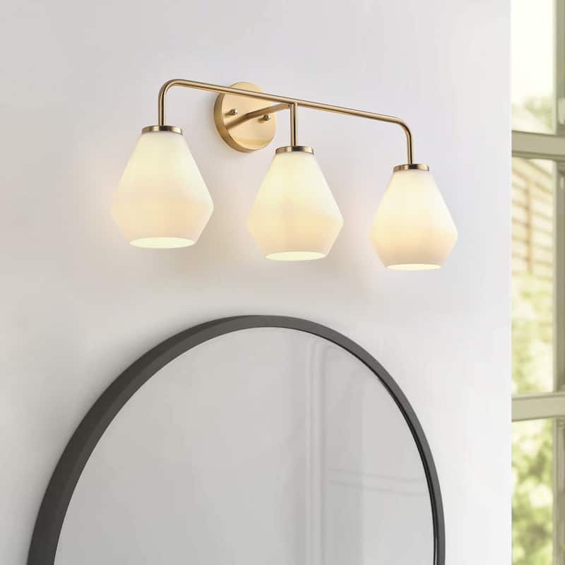 Brushed Brass 3-Light Bathroom Vanity Light Fixture with Milk White ...