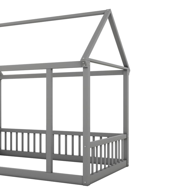Pine Wood Floor Bed with House Roof Frame and Safety Guardrails