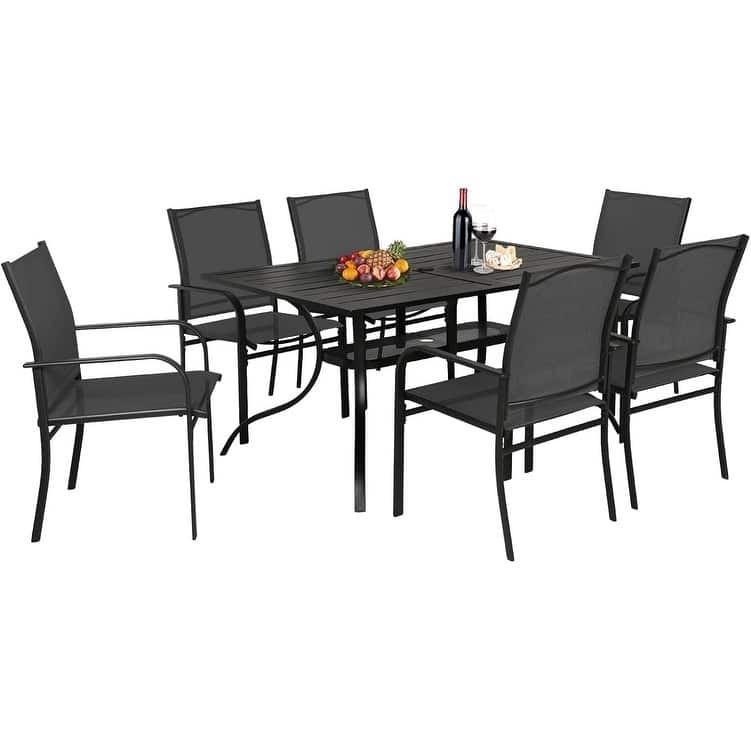 7 Piece Outdoor Patio Metal Dining Set of 6 Textilene Chairs and Rectangle Table with Umbrella Hole