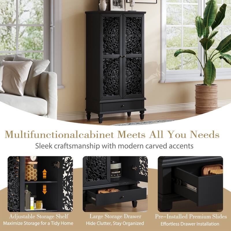 Roomfitters 55'' Tall Storage Cabinet, Carved Wood Accent Sideboard with Solid Wood Legs for Dining Room