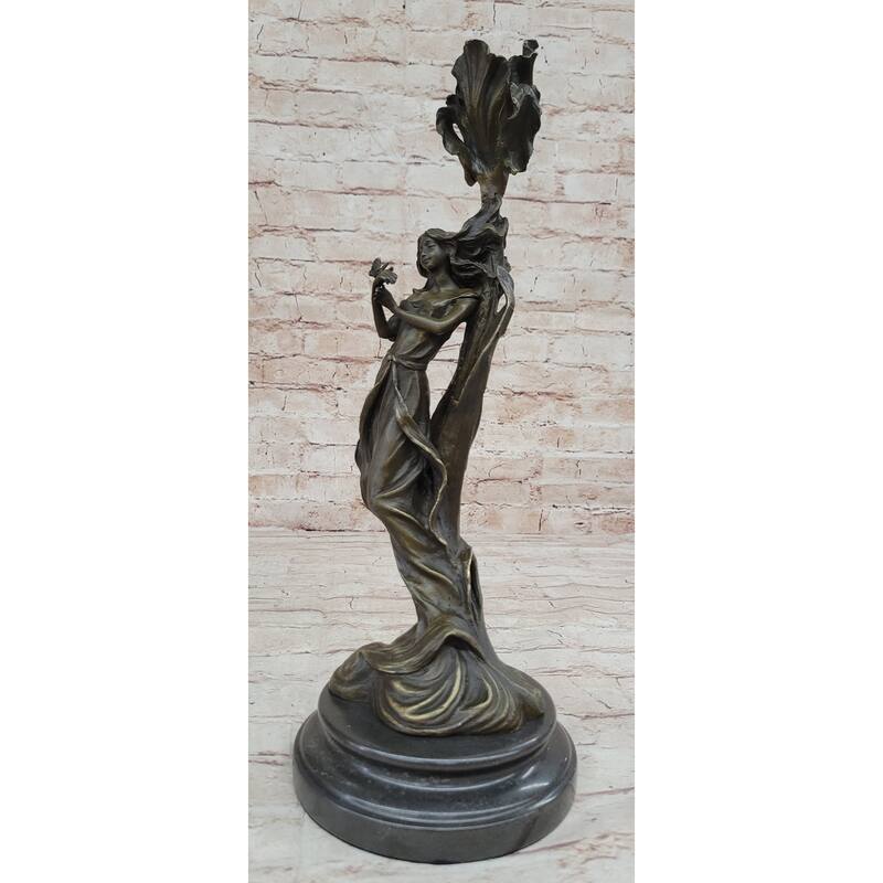 Hand Made Wood Nymph Bronze Candleholder Sculpture Hot Cast Marble Base Figure