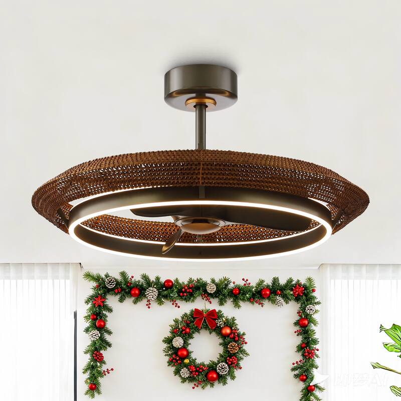 33" Coastal Rattan Fandelier Bladeless LED Ceiling Fan with Light and Remote