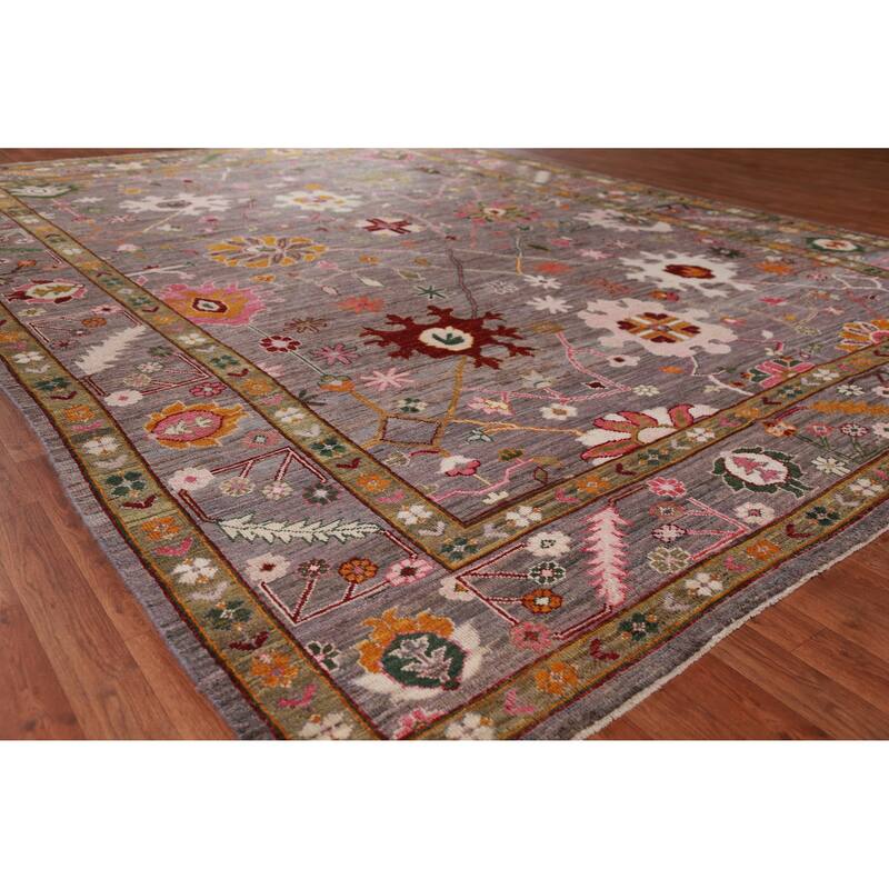 Hand Knotted Oriental 100% Wool Carpet Transitional All-Over Brown Oushak Area Rug - 12' 4'' X 9' 0''