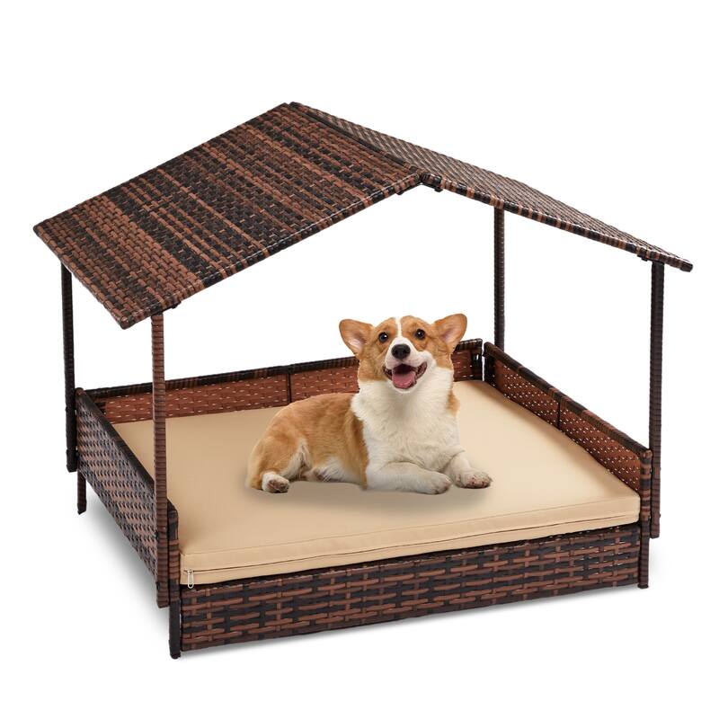 Elevated Rattan Dog Bed with Canopy and Washable Cushion Cover Perfect for Small Dogs - 31.3”L x 26.6”W x 24.4”H