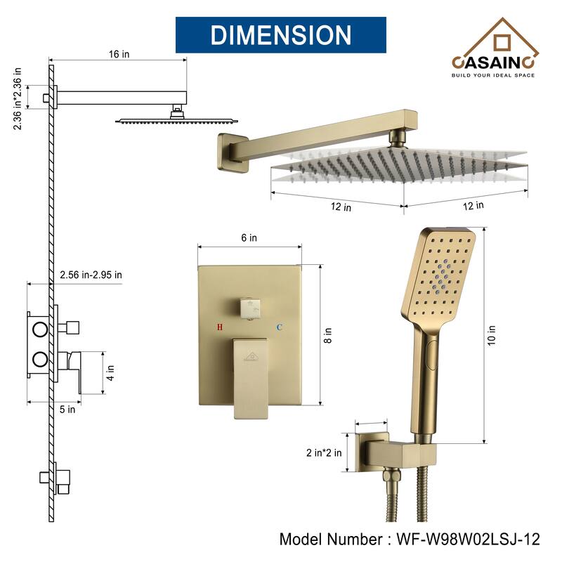 3-Spray Pattern 12 in. Wall Mount Shower System in Brushed Gold