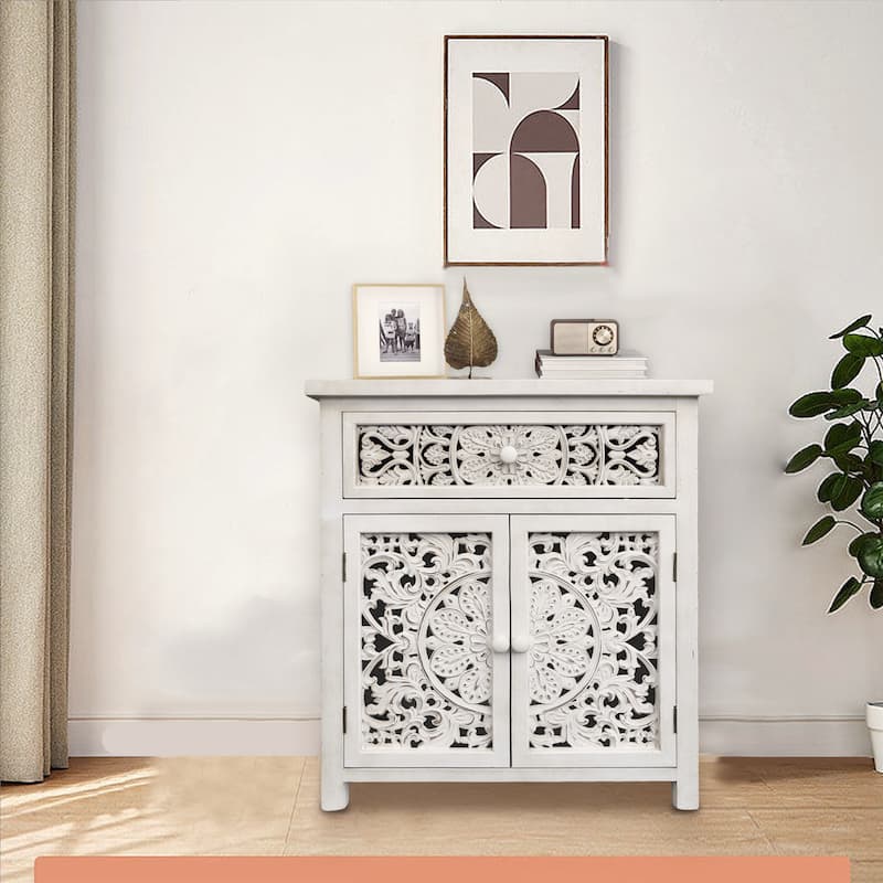 Rustic Hollow-Carved Wood Storage Cabinet with 1 Drawer and 2 Doors, Antique White, 31" H - 27.6" x 13.8" x 31"