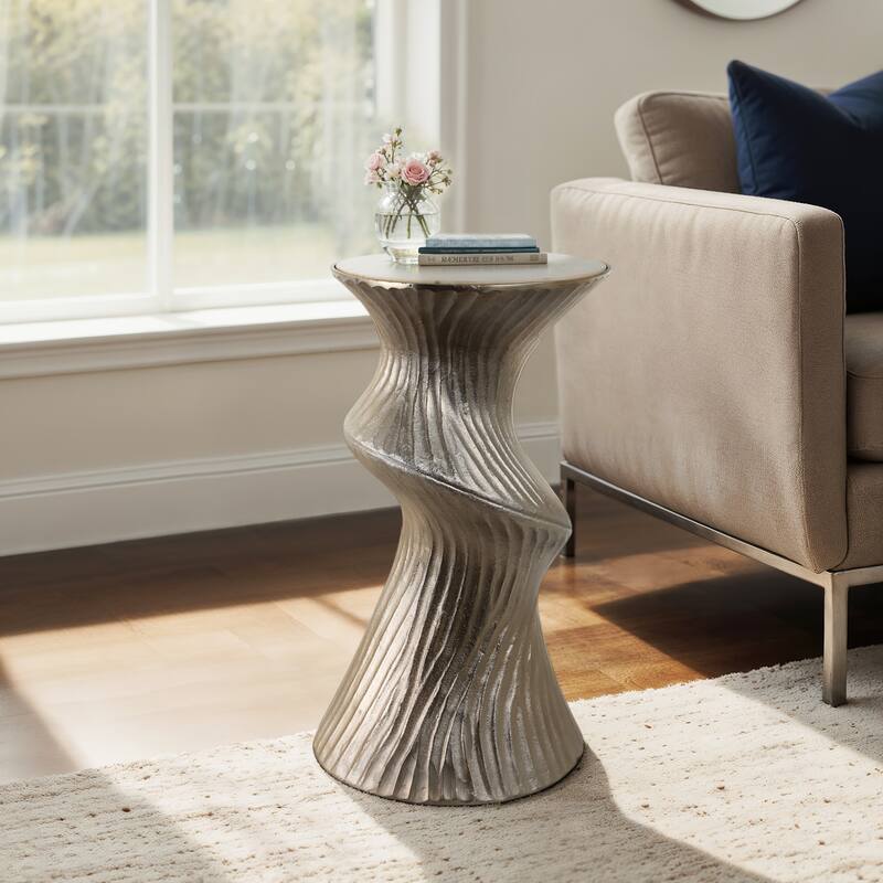 Marble Top Aluminum Side Table Round Sculptural Accent Modern - 15" x 15" x 27"