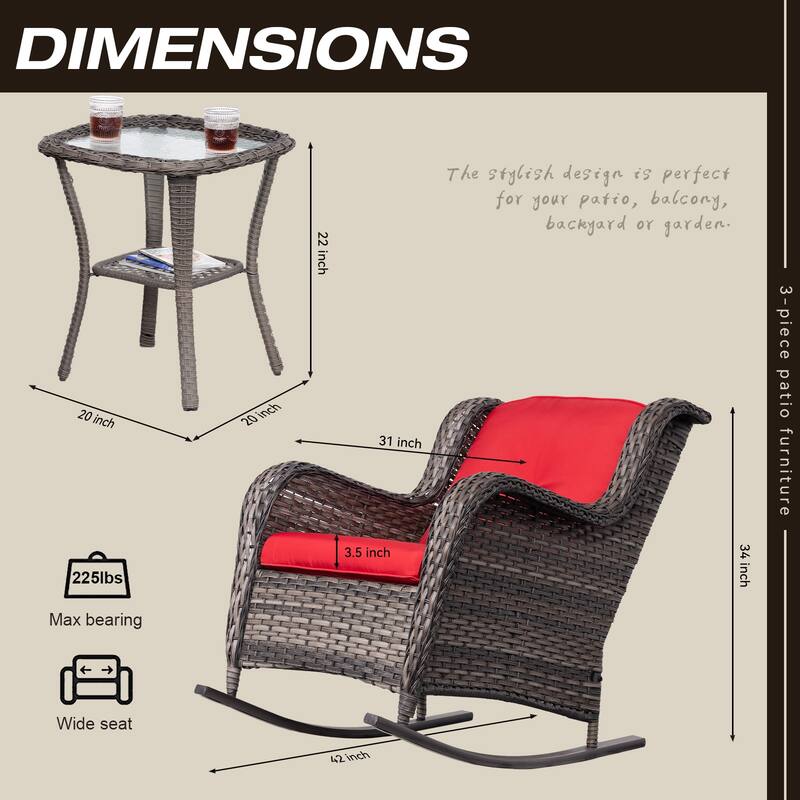 Cozywor 3-Piece Patio Wicker Outdoor Rocking Chair Set