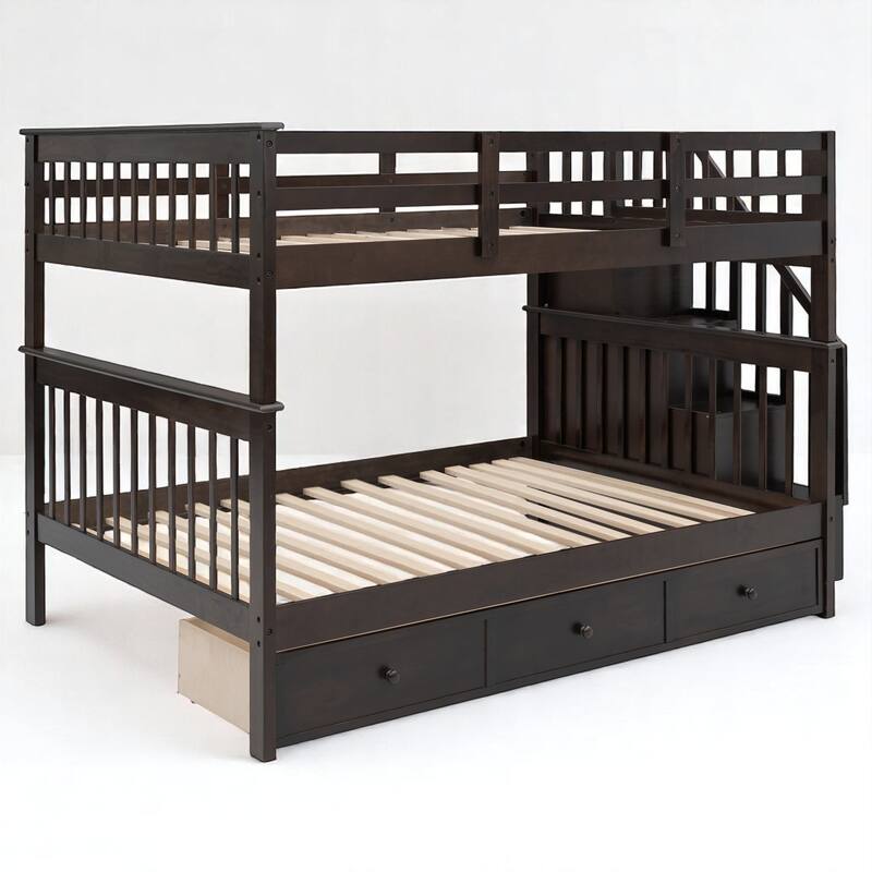 Full Over Full Bunk Bed with Storage Staircase and Shelves, Convertible Design, No Box Spring Needed,kid beds