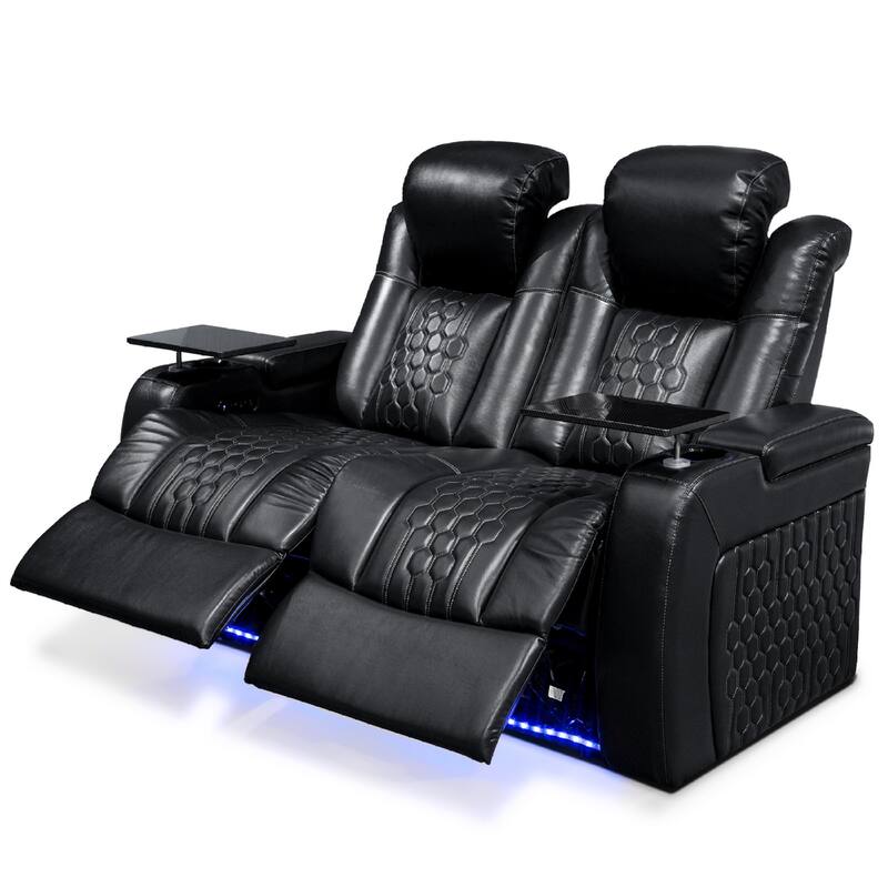 Roomfitters 62" Power Recliner Set (2-Piece), Top-Grain Nappa 11000 Leather, RGB LED & USB-C Charging, Black