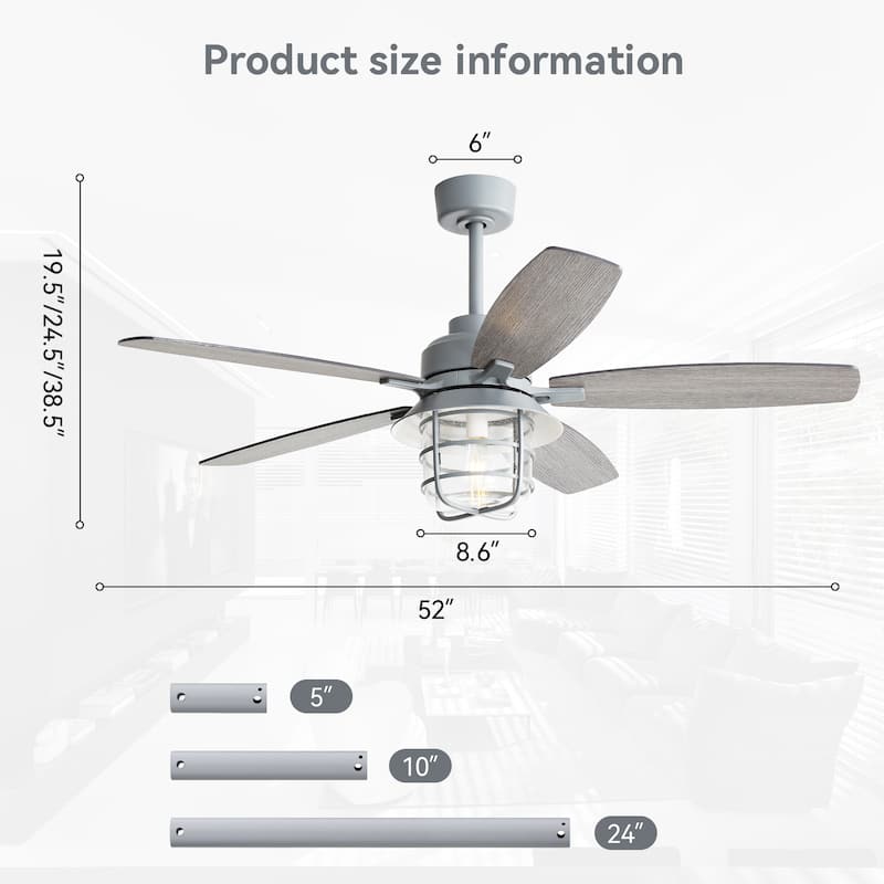 52-Inch Ceiling Fan With E26 Light, 5 Plywood Blades,6 Wind Speed - Cement Grey