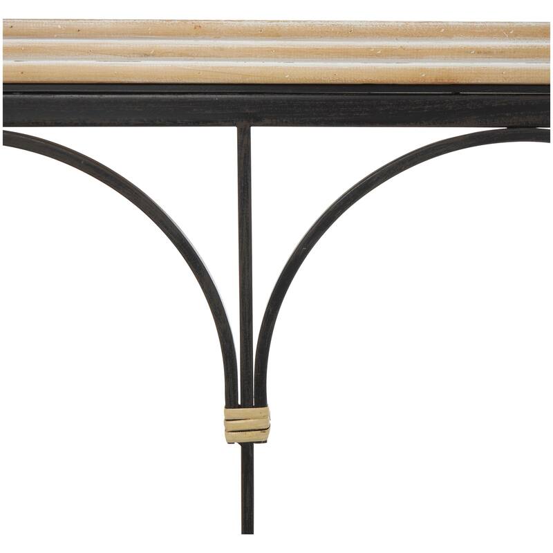 Wooden Arched Console Table with Wood Zig Zag Patterned Top and Rattan Accents - Black - Roche River Decor