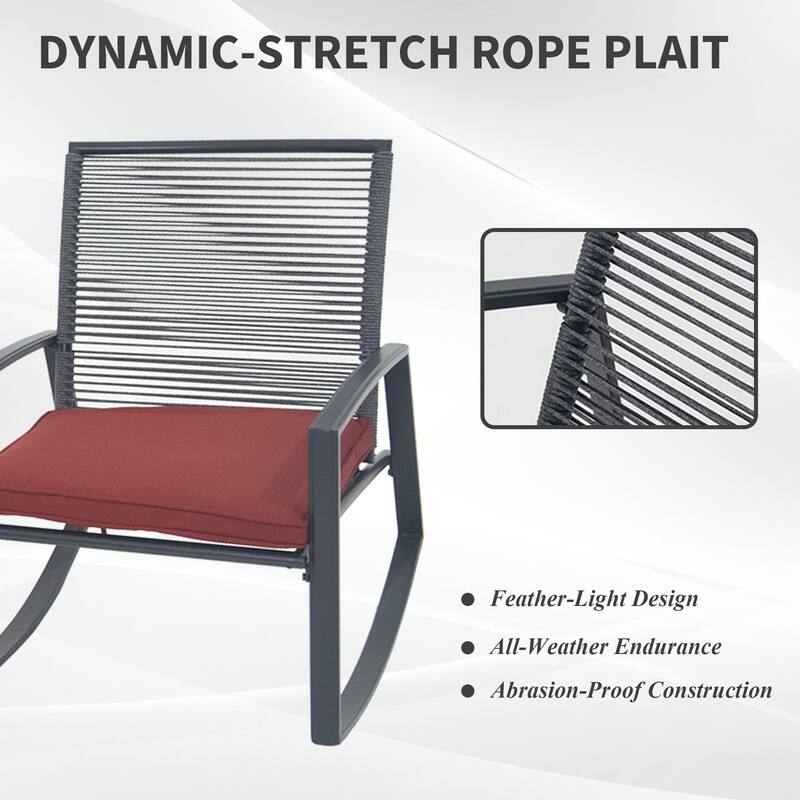 Domi Outdoor 3-Piece Wicker Rocking Chair Set, Patio Conversation Set with Removable Textilene Cushions & Metal Coffee Table