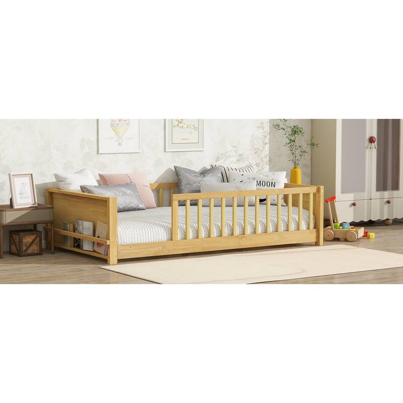 Roomfitters Twin Floor Platform Bed with Built-in Book Rack, Rubber Wood Frame, Low Profile Design with Guardrails