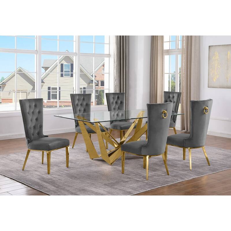 Best Quality Furniture D400/1-SC330-7 Dining Set with 78" 12mm Glass with Bevel - 7-Piece - Dark Grey / Gold