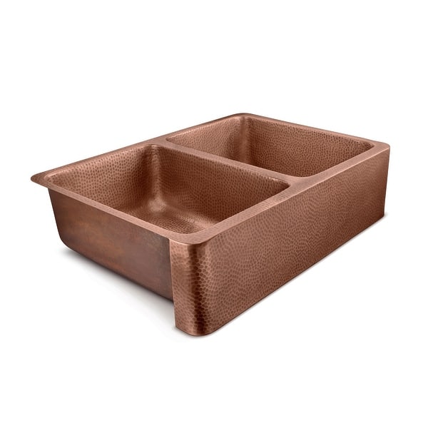 slide 2 of 5, Sinkology Lange Copper 32" Double Bowl Undermount Farmhouse Apron Kitchen Sink