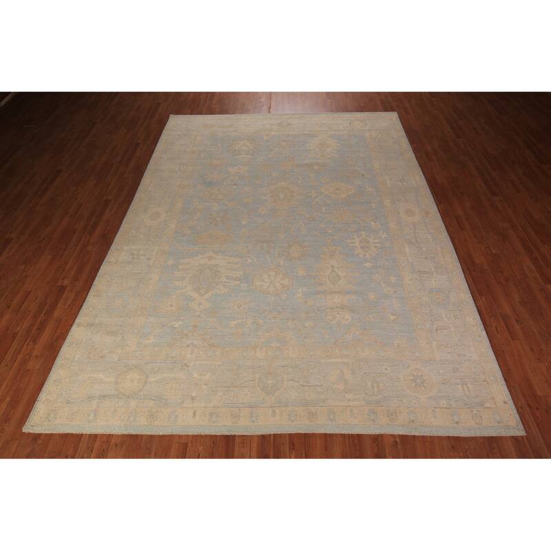 Vegetable Dye Oushak Turkish Area Rug Handmade Blue Wool Carpet - 8'11" x 11'11"