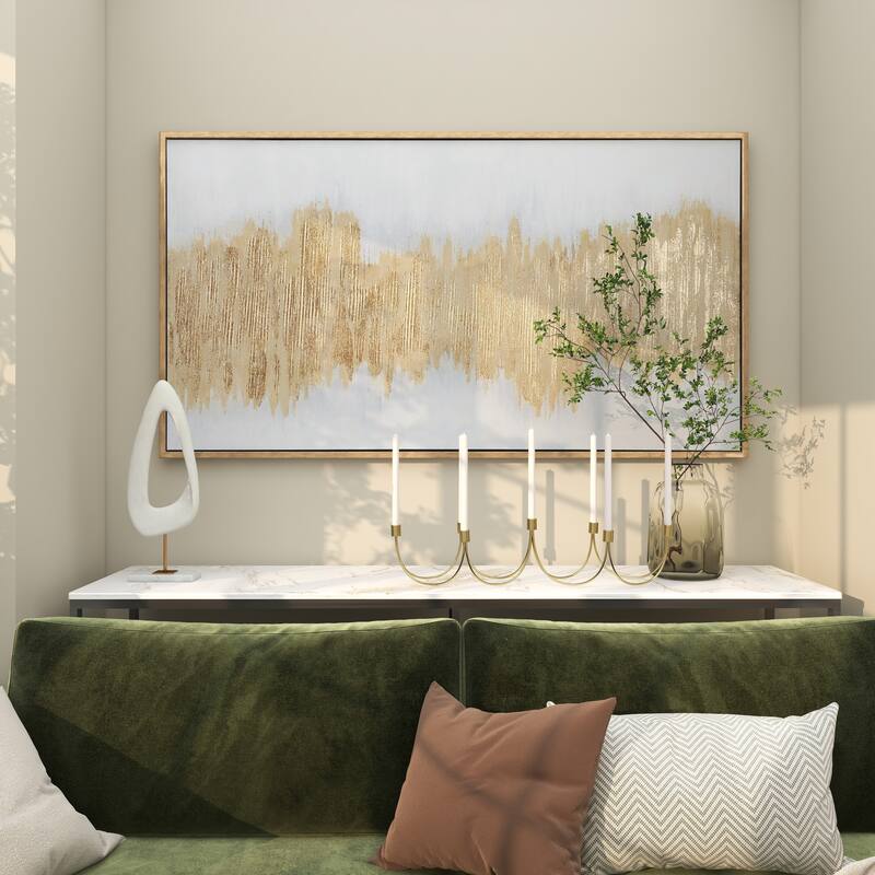 Canvas Abstract Long Horizontal Living Room Framed Wall Art with Glitter Flakes - Gold - CosmoLiving by Cosmopolitan