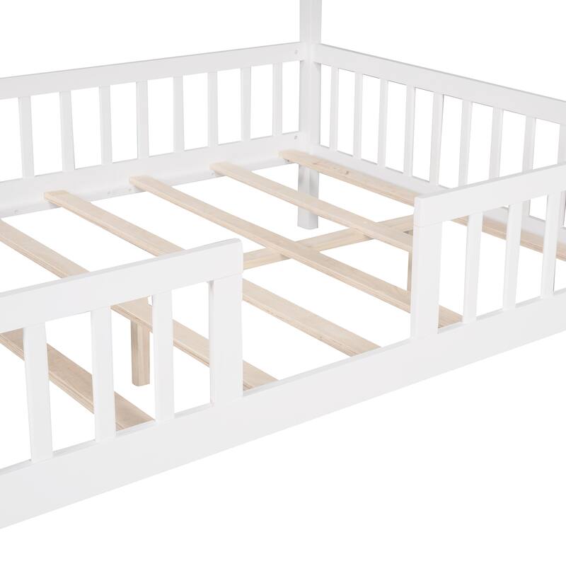 Platform Bed for Kids Teens, House Shaped Bed with Fence and Roof, Solid Wood Low Bedframe w/Slats Support, No Box Spring Needed