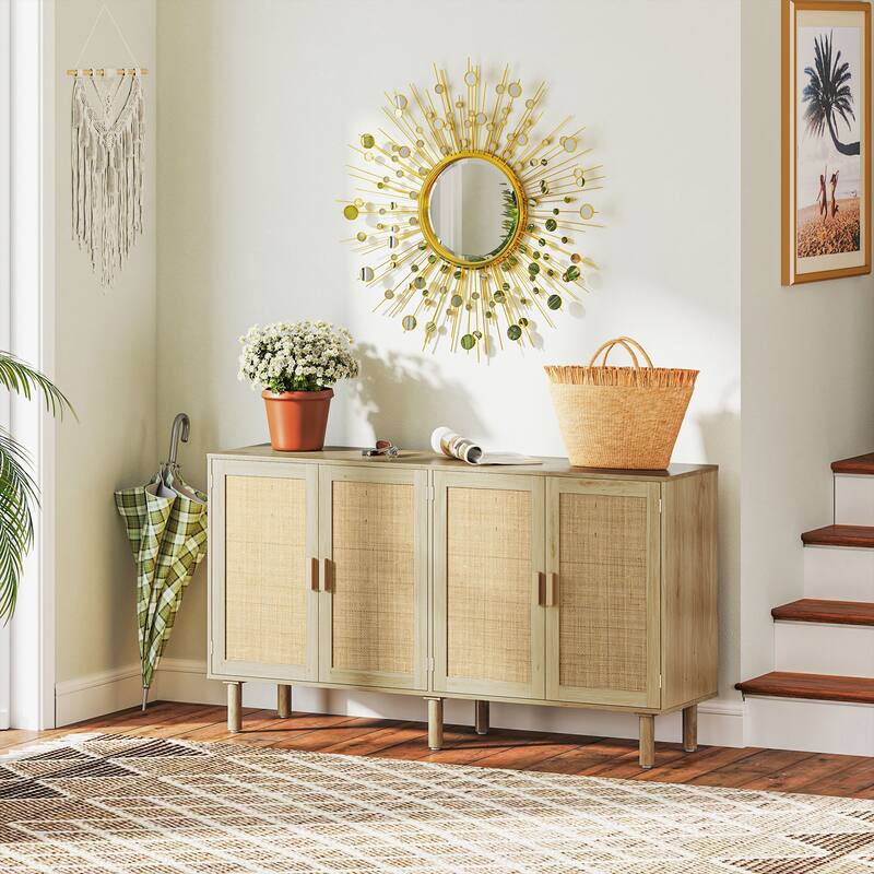 Natural Rattan Sideboard with Double-Tier Cabinets and Pine Legs Storage Console for Living Room Hallway