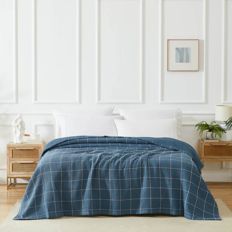 Check Pattern 100 percent Cotton Waffle Weave Blanket - Full / Queen - Steel Blue