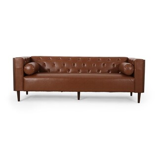 Light Brown Faux Leather Button Tufted 3-seater Sofa with Birch Wood ...