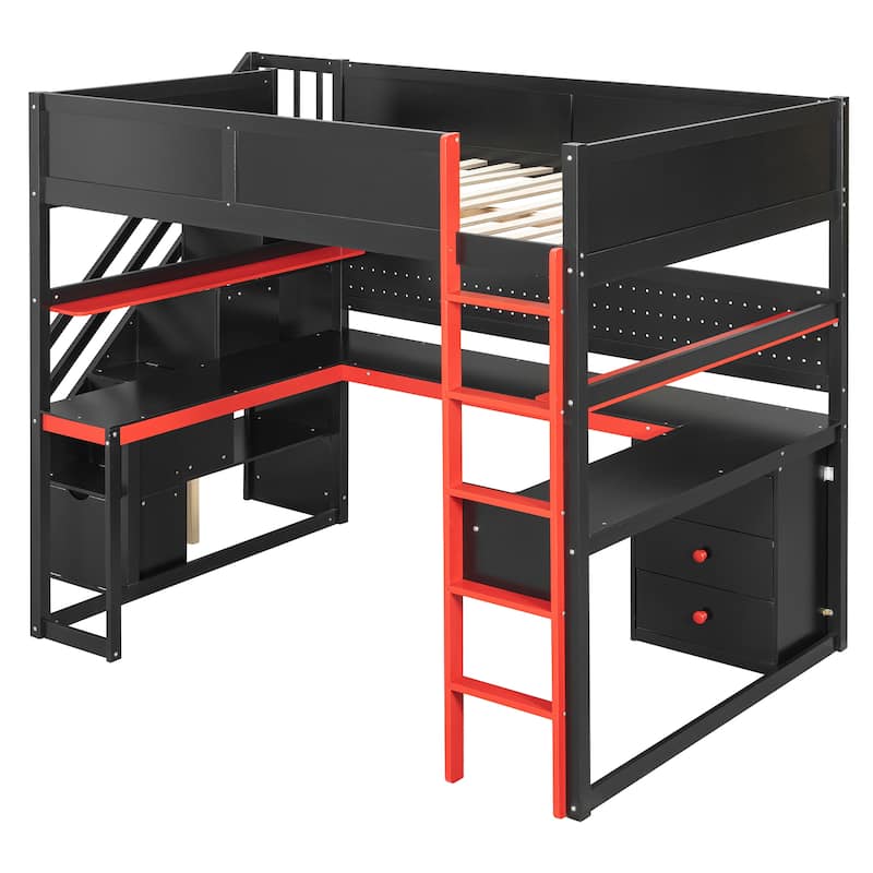 Gaming Loft Bed with Storage Stairs & Desk, Video Game Bed Wood Loft Bed Frame with Pegboard for Teens