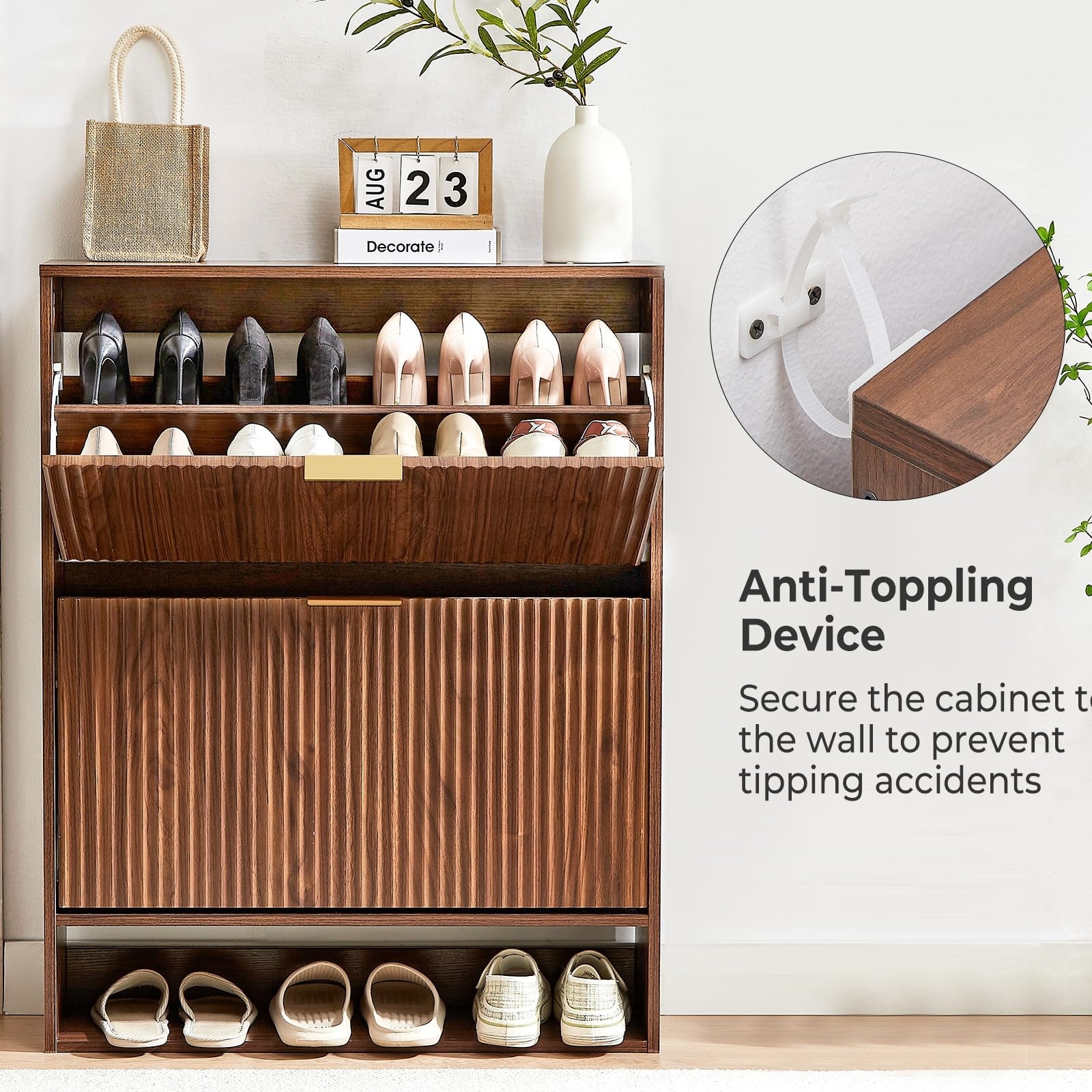 31.5''W Walnut Slim Shoe Cabinet, Fluted Hidden Shoe Storage Cabinet with 2 Flip Drawers